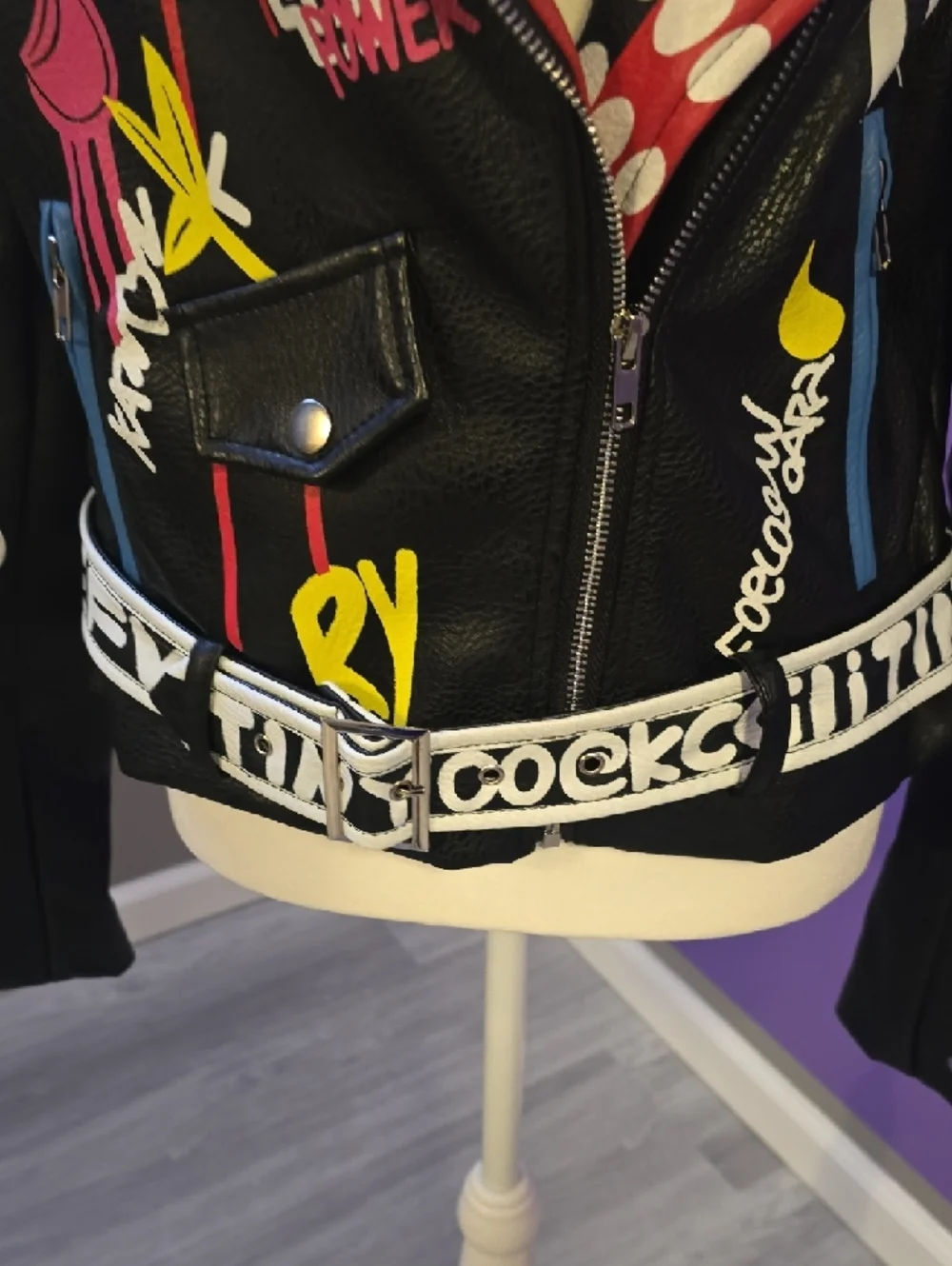 Painted Black Leather Biker Jacket with Multicolor Graffiti Accents - Picture 7 of 14